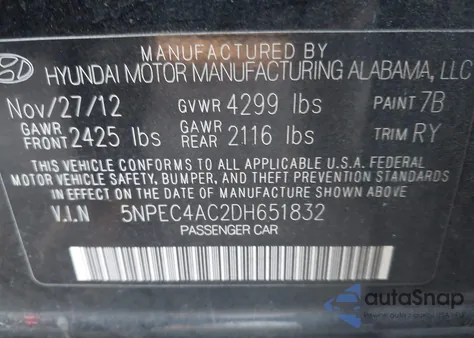 2013 Hyundai Sonata Se z USA, uszkodzony, nr VIN 5NPEC4AC2DH651832